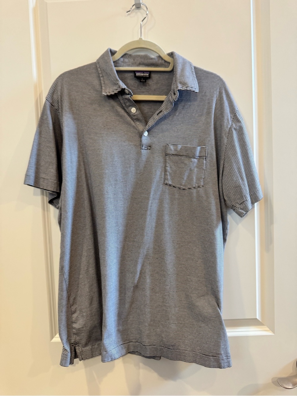 Patagonia Men's Black/White Stripe Polo Shirt - Organic Cotton Size L